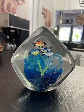 Handblown Glass Aquarium Sculpture with Blue Wave and Multicolor Fish